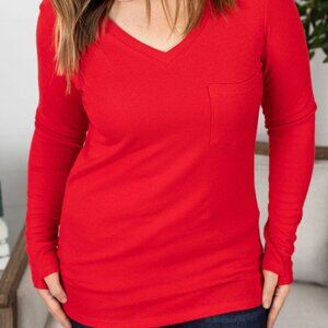 Michelle Mae, New with Tags, Red, Long Sleeve Top with Pocket and Thumbholes